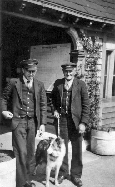Staff at Long Preston Station.JPG - Long Preston Station  (date not known - but prior to 1961). Mr Hall ( Station Master ) & Charles Loveridge ( Porter)